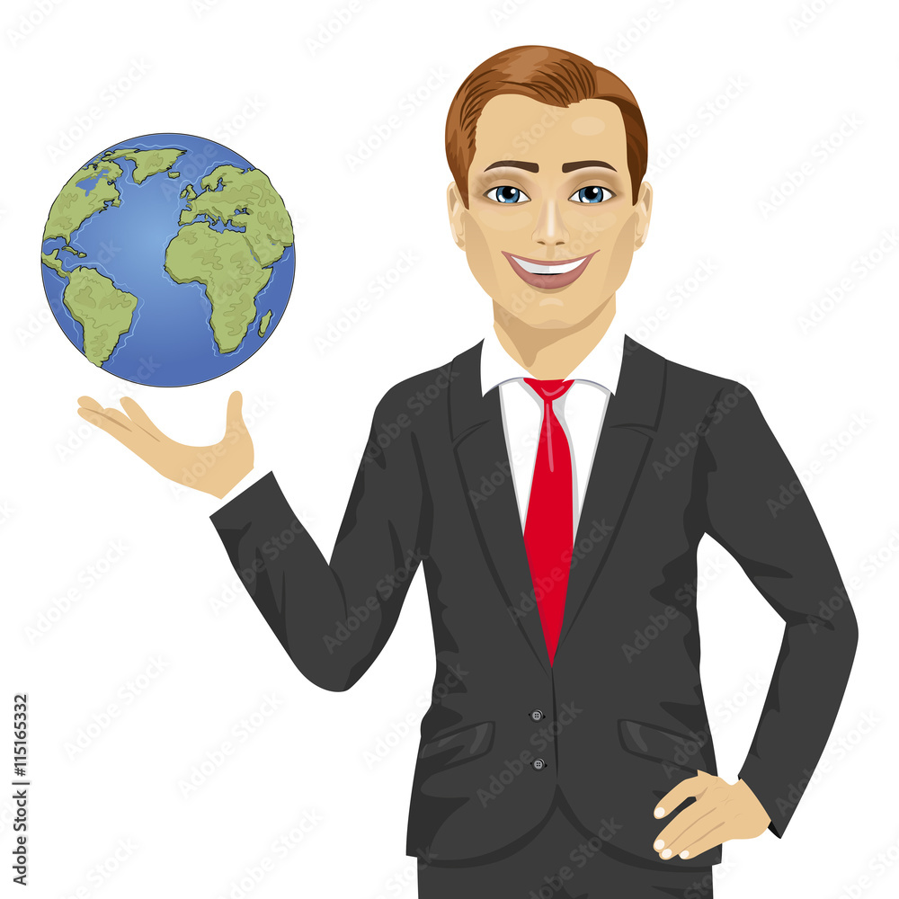 Young businessman holding globe in his hand Young businessman holding globe in his hand