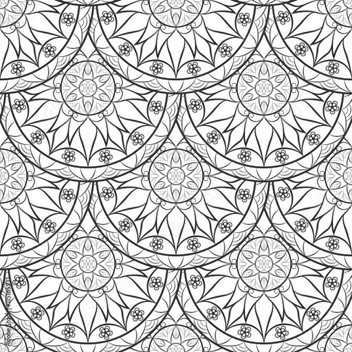 Seamless floral pattern. Black and white. Coloring book page.