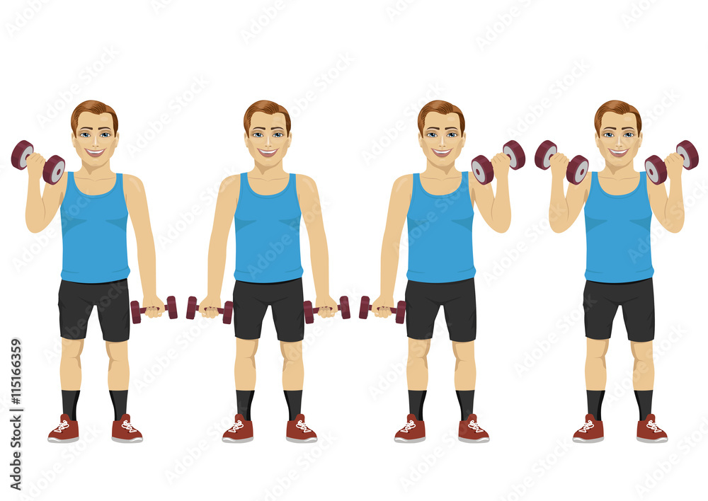Young man doing dumbbell exercises. Active lifestyle Young man doing dumbbell exercises. Active lifestyle