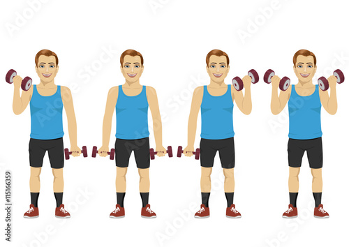 Young man doing dumbbell exercises. Active lifestyle