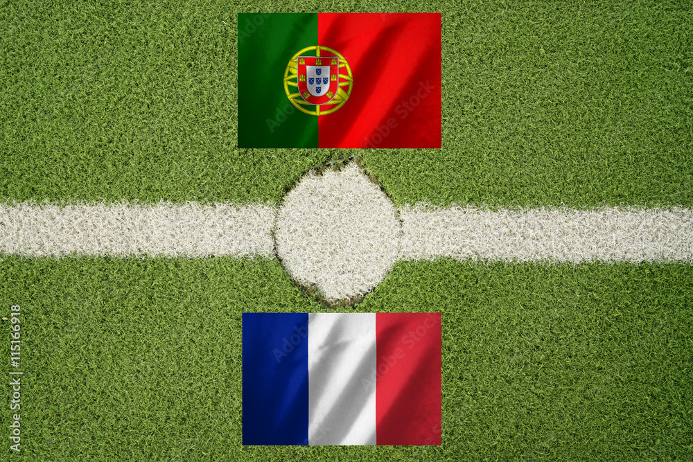 france and portugal  flag on football green field and haft line