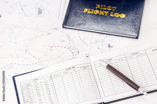 Close up of an airplane pilot equipment including flight log,hat