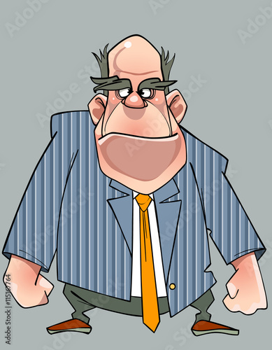 cartoon disgruntled man in a suit standing with fists