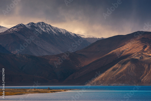 Pangong Lake with mountain and clouds, Leh Ladakh.