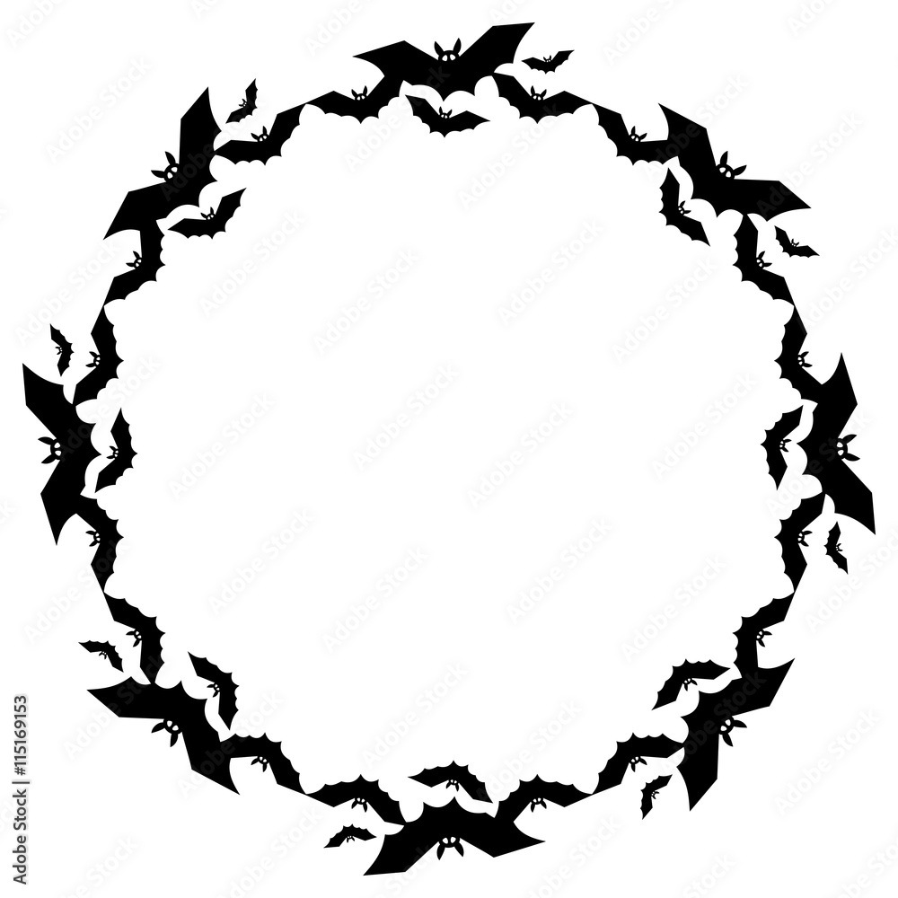 Round frame with silhouettes of flying bats. Original background for greeting cards, invitations, prints.Vector clip art.