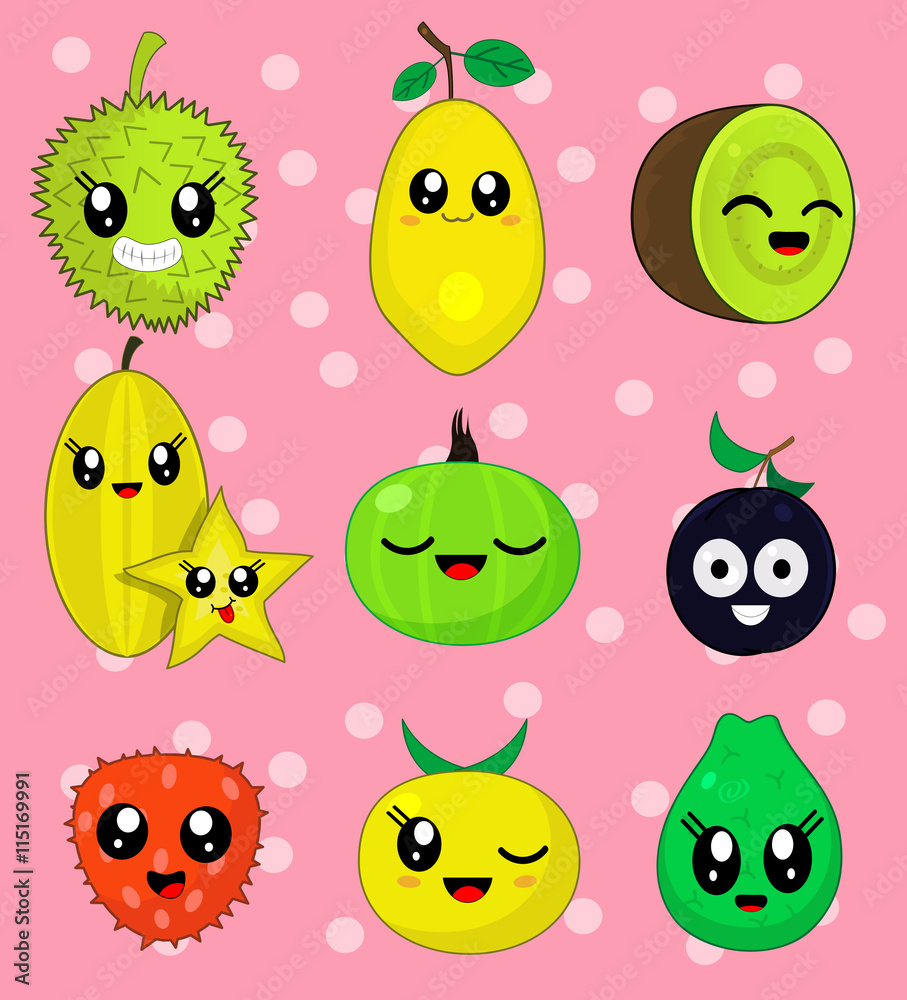 Obraz premium Vector illustration sticker set of cute cartoon fruit characters.