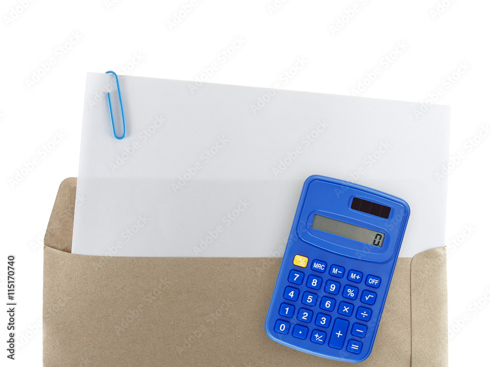 blank paper with clip in document envelope and calculator isolated on white blank paper with clip in document envelope and calculator isolated on white