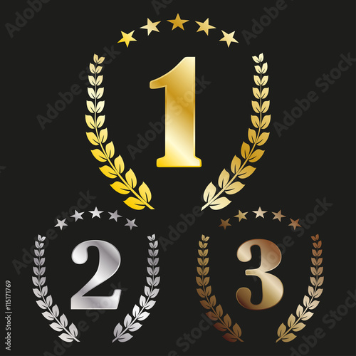 Number 1, 2, 3 with a laurel wreath and stars
