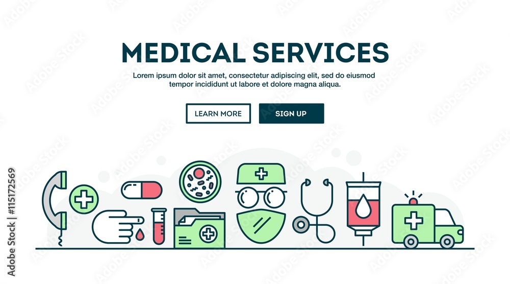 Medical services, colorful concept header, flat design thin line style Medical services, colorful concept header, flat design thin line style