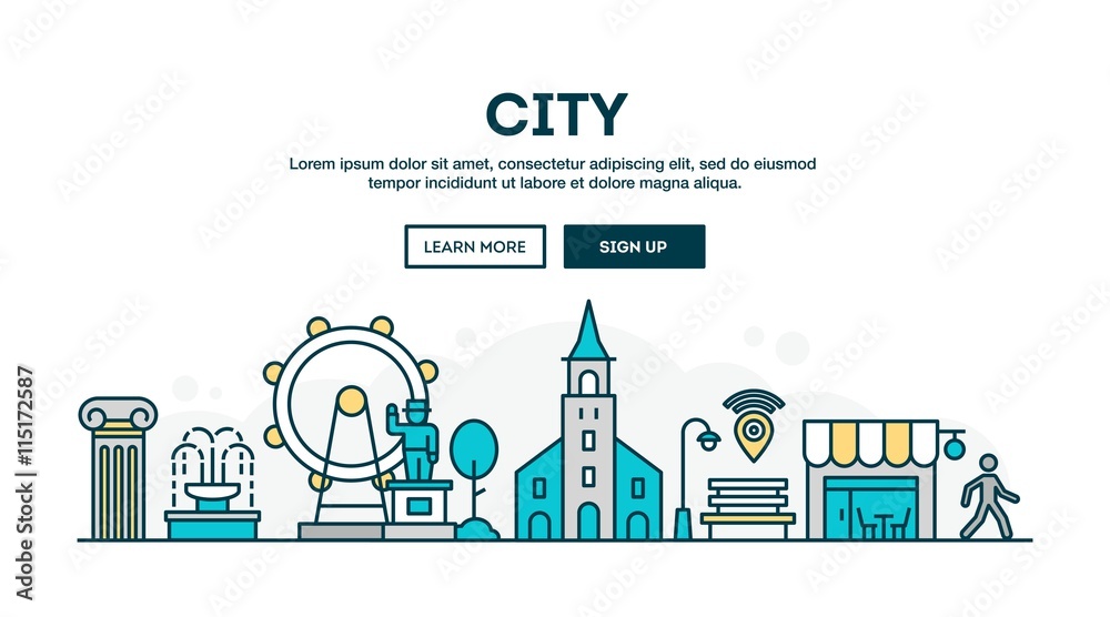 City, colorful concept header, flat design thin line style - obrazy, fototapety, plakaty 