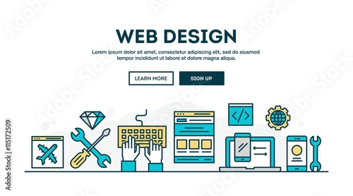 Web design, colorful concept header, flat design thin line style