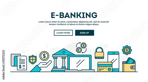 E-banking, colorful concept header, flat design thin line style