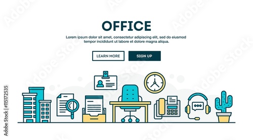 Office, colorful concept header, flat design thin line style
