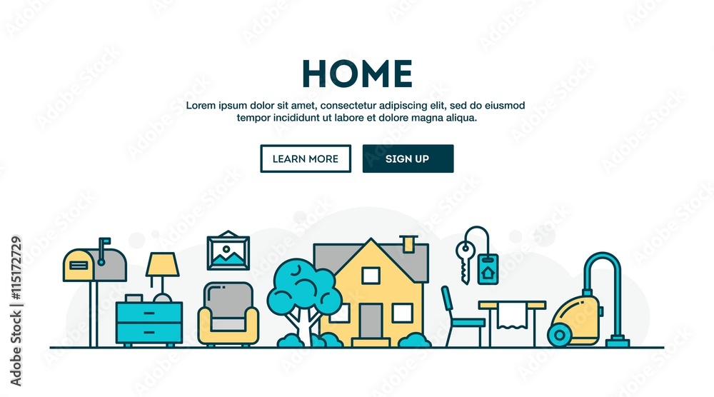 House, home, interior, colorful concept header, flat design thin line style
