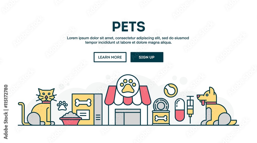 Pets, colorful concept header, flat design thin line style