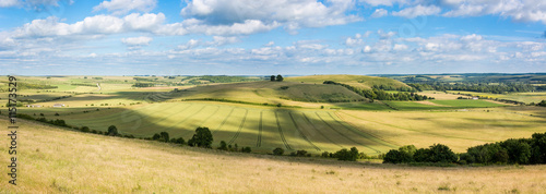 Middle Hill and Scratchbury Hill panorama. View from Battlesbury Hill, with medieval strip lynchets on the edge of Salisbury Plain, in Wiltshire, UK
