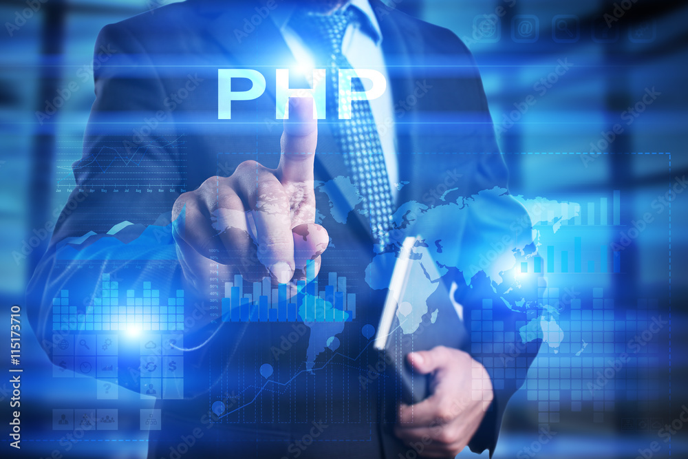 Businessman is pressing on virtual screen and slelecting PHP. Businessman is pressing on virtual screen and slelecting PHP.