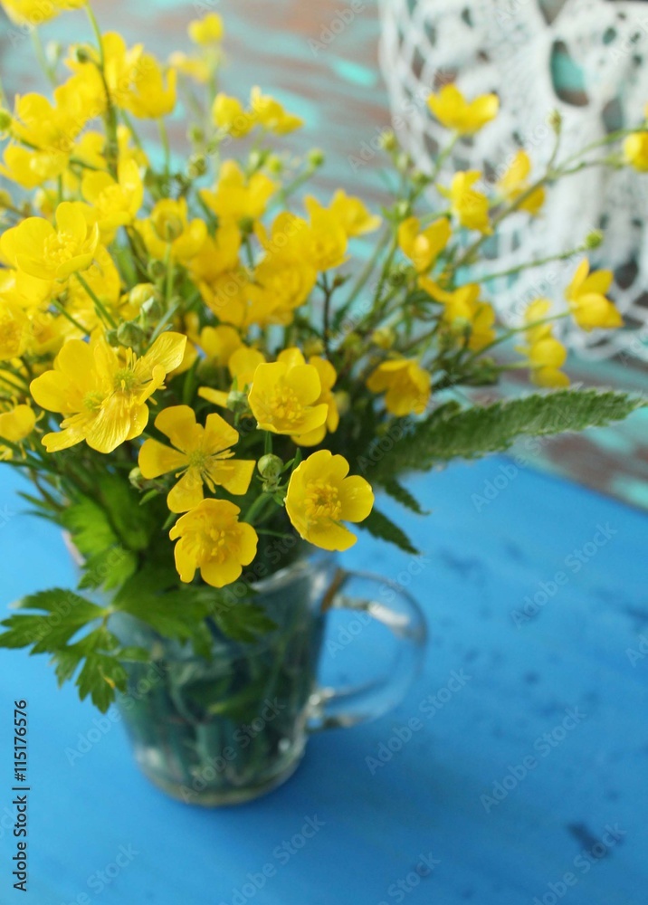 Marsh Marigolds in Springtime, bouquet, rustic style.