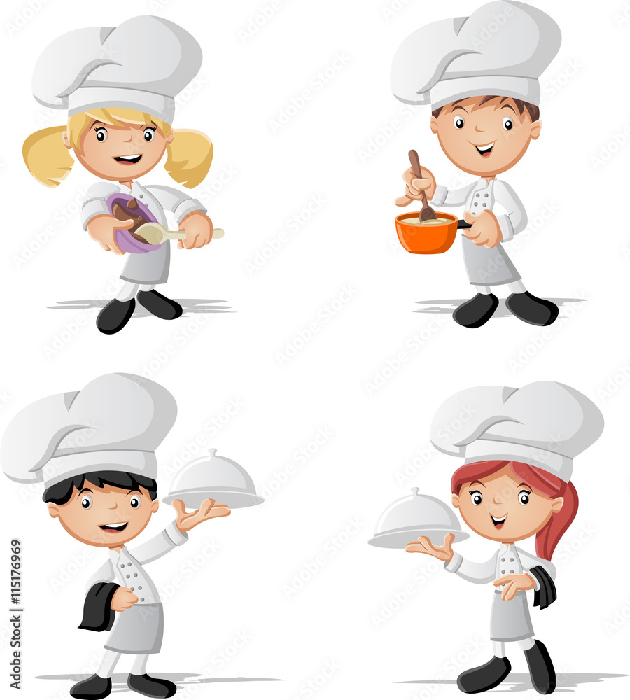 Cartoon chefs cooking and holding tray with food.
Cartoon chefs cooking and holding tray with food.
