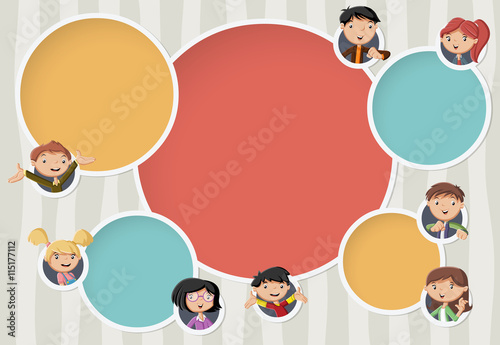 Vector banners   backgrounds with cartoon family. Circle frames for text. Infographic template design with balls.  