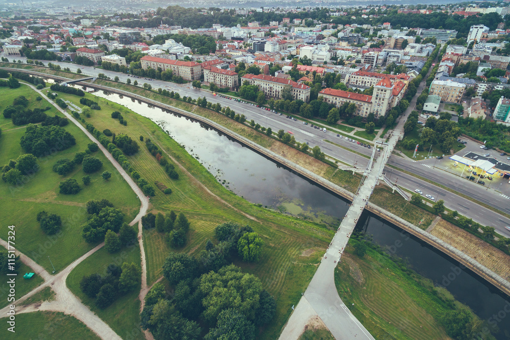 Aerial image of Kaunas city, Lithuania. Summer sunset scene