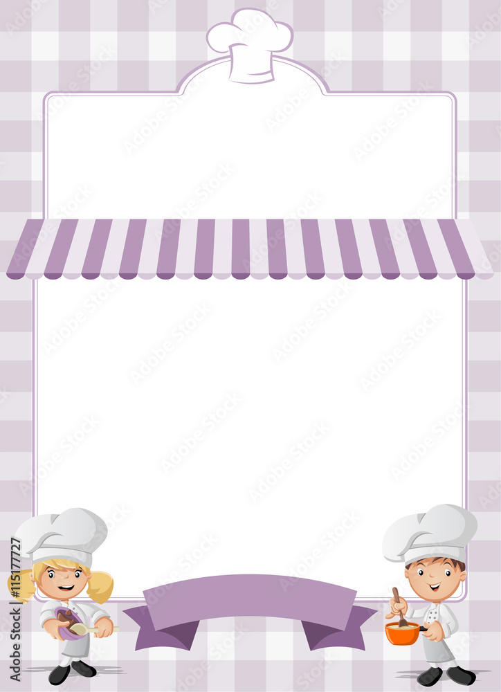 Purple restaurant menu with cartoon chefs cooking.
Purple restaurant menu with cartoon chefs cooking.