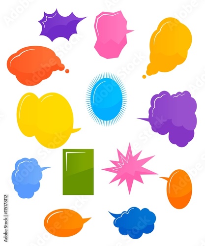 Set of brightly colored shiny comic speech bubbles.