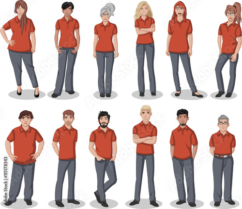 Business cartoon young people wearing red polo shirt
