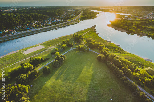 Aerial image of Kaunas city  Lithuania. Summer sunset scene