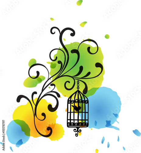 Floral bird cage watercolor spots background
