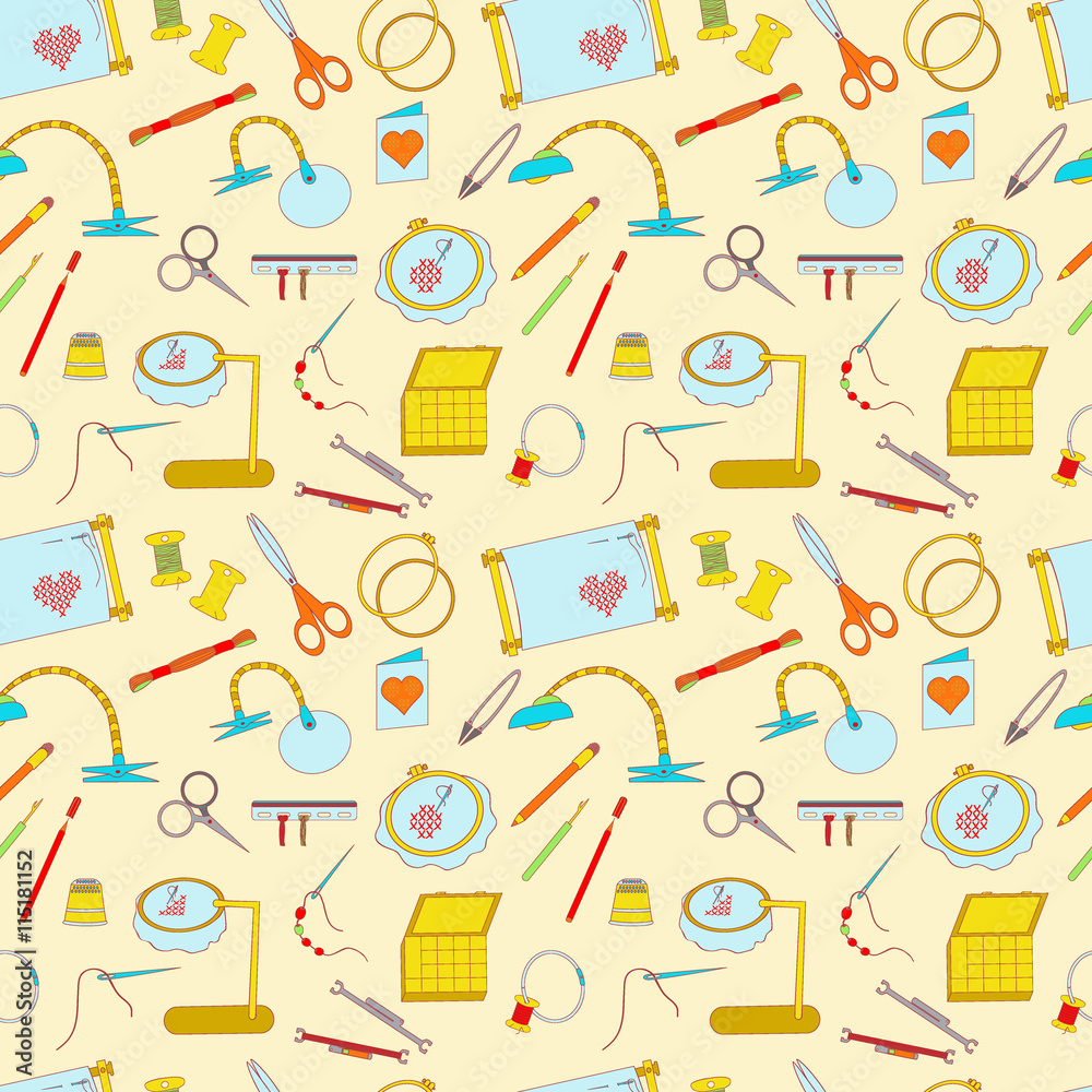 Frame for embroidery, scissors, organizer, spool, a magnifying glass and other accessories. Collected in a vector Seamless pattern for use in design, web site, packaging, textiles, wallpaper. Frame for embroidery, scissors, organizer, spool, a magnifying glass and other accessories. Collected in a vector Seamless pattern for use in design, web site, packaging, textiles, wallpaper.