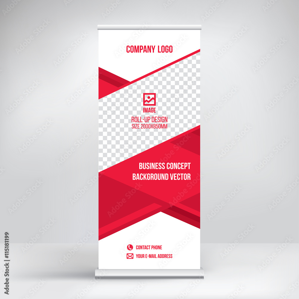 Roll-up banner template, business concept, red stand, abstract background