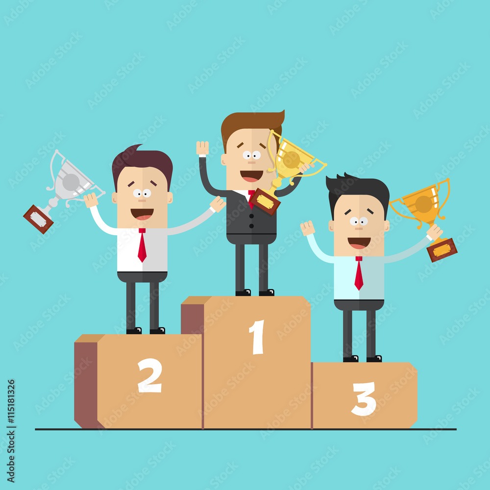 Businessmen or managers on the podium with the winning hand. Cartoon vector image Businessmen or managers on the podium with the winning hand. Cartoon vector image