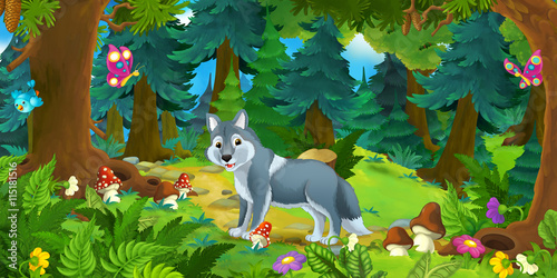 Fototapeta Naklejka Na Ścianę i Meble -  Cartoon scene with happy wolf standing in the forest - illustration for children