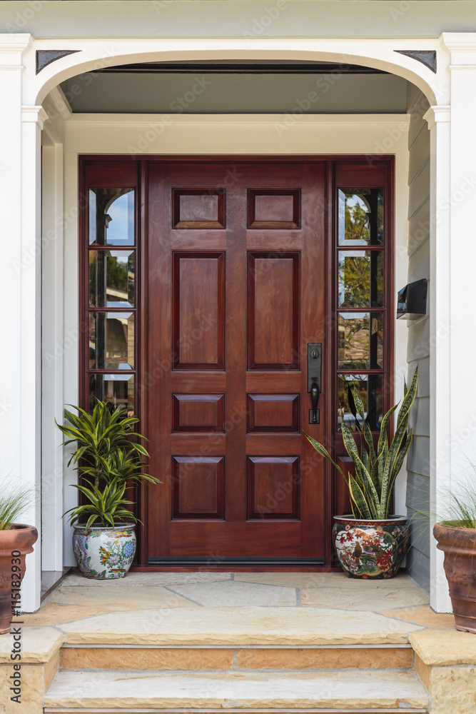 Fototapeta premium Front door, front view of a brown front door with plants and stone steps.