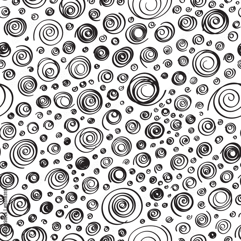 Vector Abstract Black and White Background. Seamless Hand Drawn Pattern with Circle Spirals. Summer Texture. Design, Web Site, Packing, Textile, Fabric Background. Ready Swatch Included in File Vector Abstract Black and White Background. Seamless Hand Drawn Pattern with Circle Spirals. Summer Texture. Design, Web Site, Packing, Textile, Fabric Background. Ready Swatch Included in File