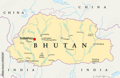 Fototapeta Bhutan political map with capital Thimphu, national borders, important cities, rivers and lakes
