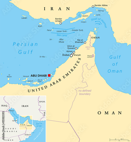 Strait of Hormuz, Abu Musa and the Tunbs political map. Only sea passage from Persian Gulf to Arabian Sea. One of the most strategically important choke points in world. English labeling. Illustration photo