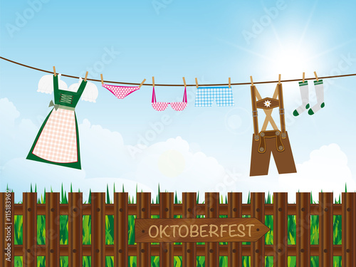 Oktoberfest Hintergrund, Lederhose, Dirndl, Unterwäsche an Wäscheleine, Wegweise an Gartenzaun
