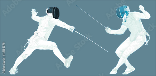 Two athletes in fencing competition with mask sword, saber or foilprotected with masks handling the sword, saber or foil