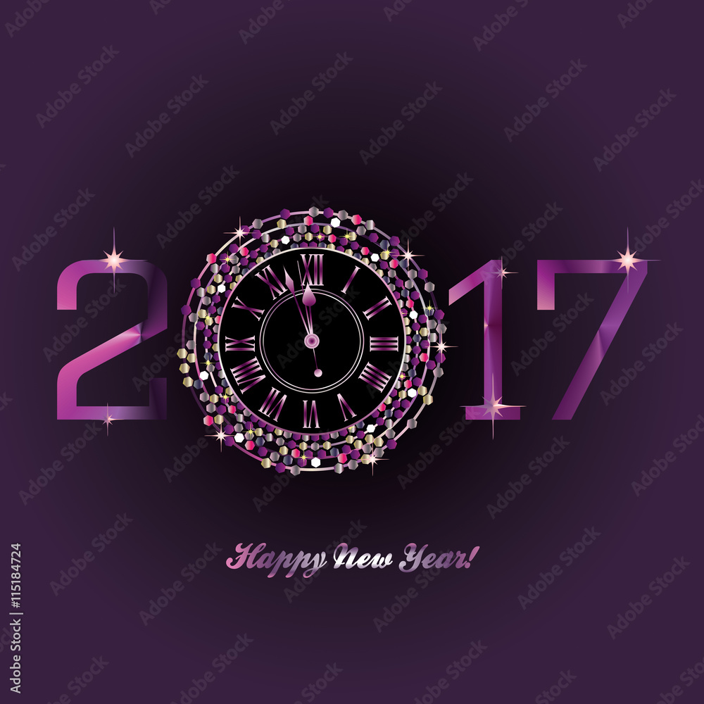 Fototapeta premium Purple Clock with New Year numerals on a black background