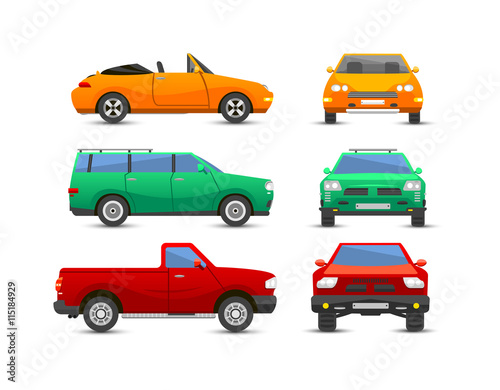 Different car vehicle transport type design sign technology style vector. Generic car different design flat vector illustration isolated on white. Pickup  sedan  bus or truck van and other car vehicle