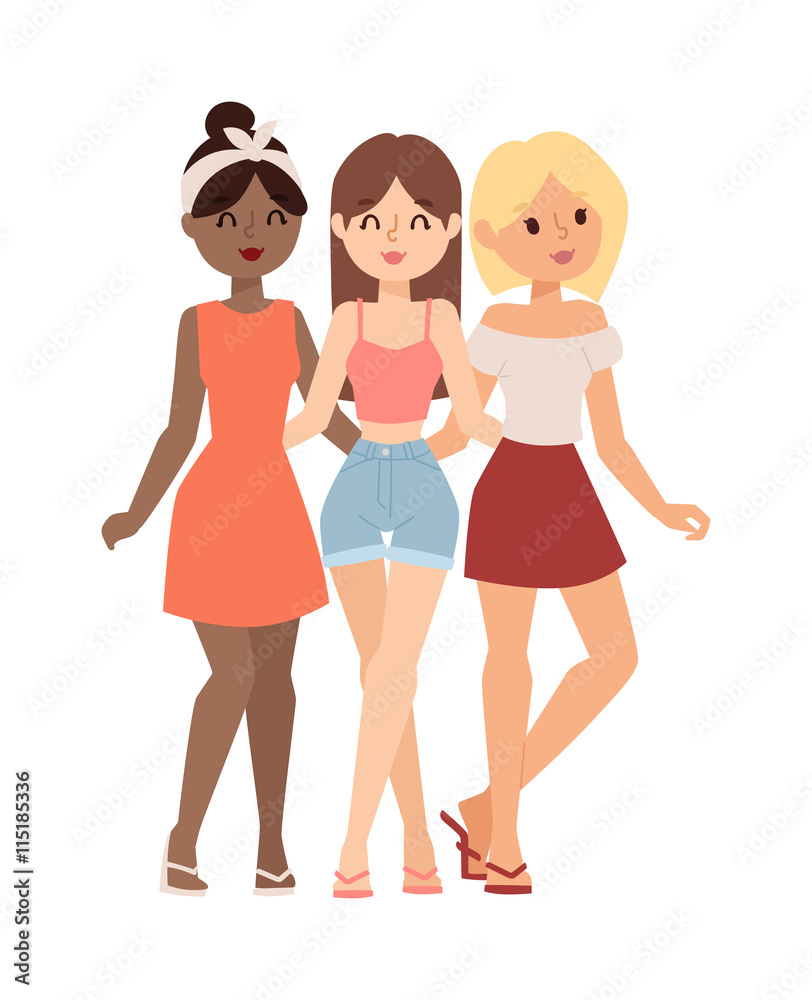 Happy young girlfriends and gossip girls vector illustration. Attractive fun adult gossip girl and rumor talk whisper girls gossip.