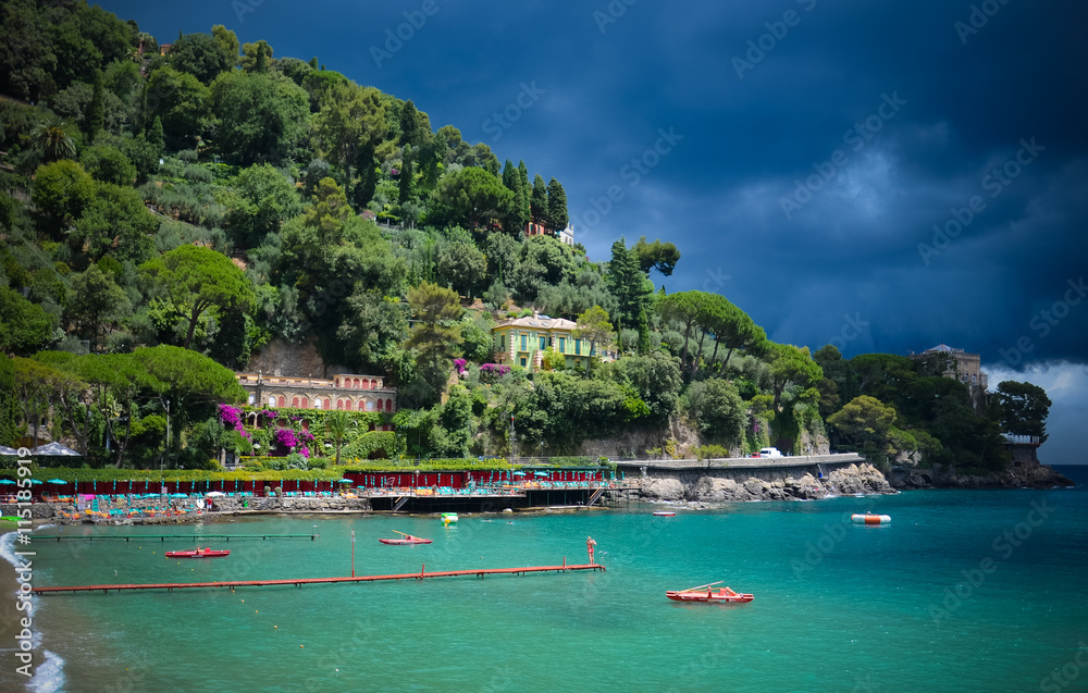 Stunning view on a beautiful bay before storm near Portofino in Italy