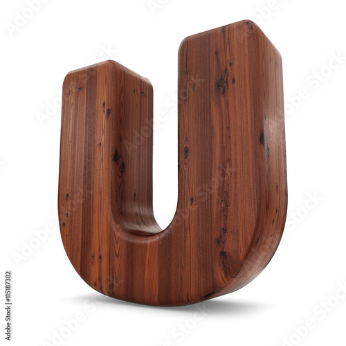 3d wood material U letter isolated white background.