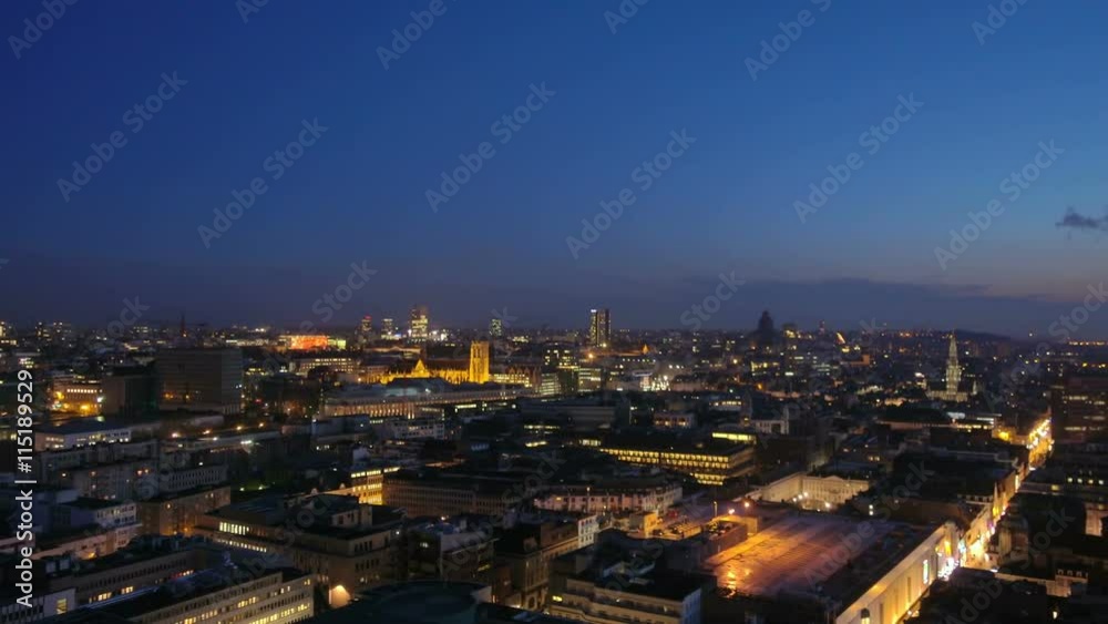 brussels skyline illuminated at night panning brussels skyline illuminated at night panning