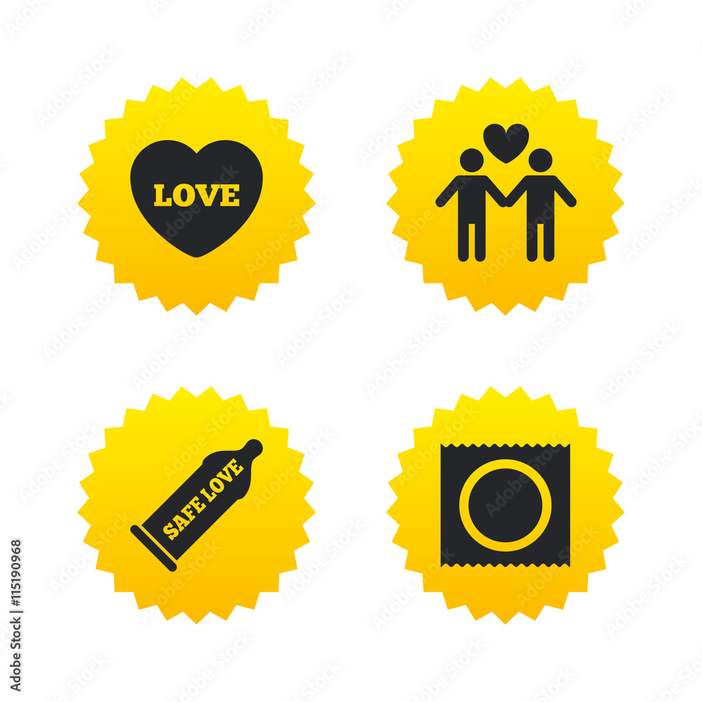 Condom safe sex icons. Lovers Gay couple sign. Condom safe sex icons. Lovers Gay couple sign.