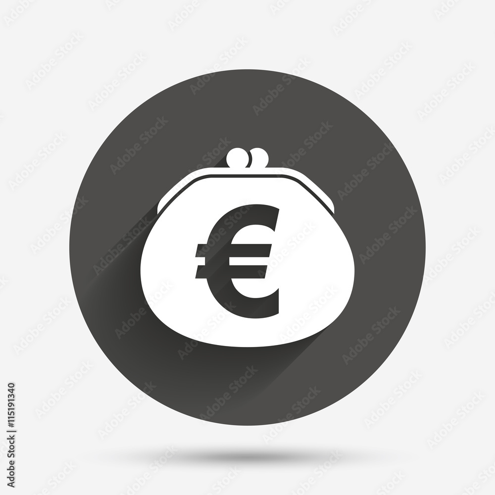Wallet euro sign icon. Cash bag symbol. Wallet euro sign icon. Cash bag symbol.