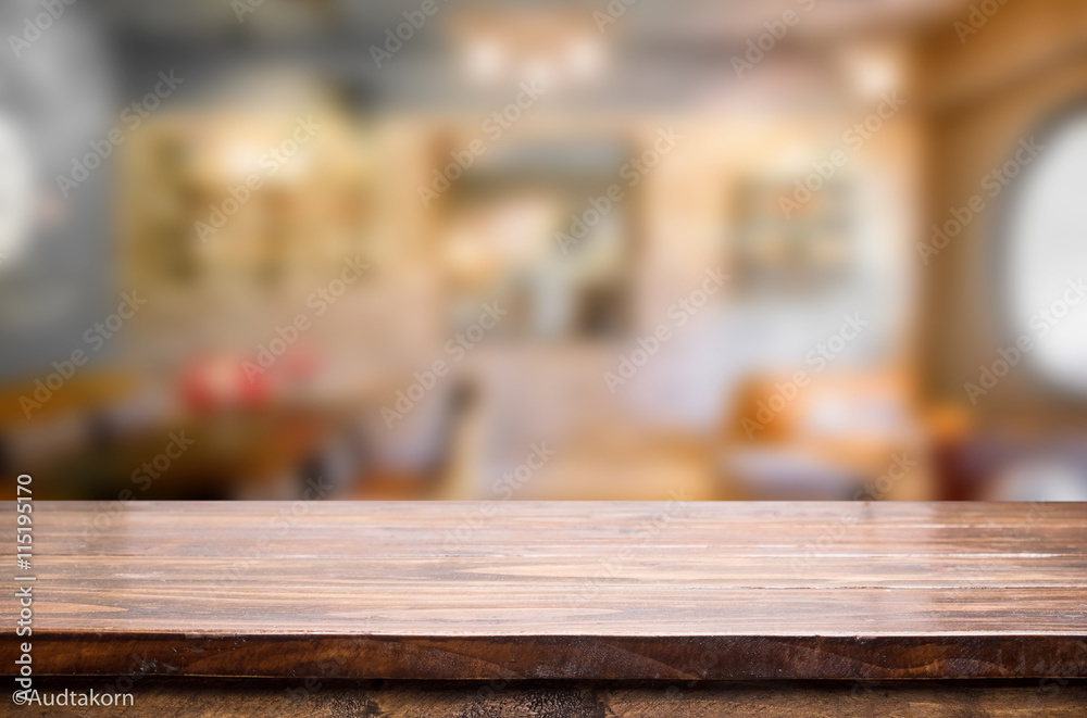 Selected focus empty brown wooden table and Coffee shop blur bac Selected focus empty brown wooden table and Coffee shop blur bac