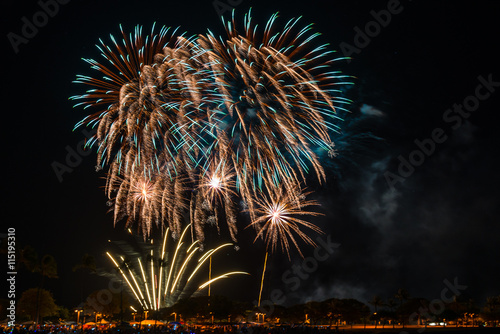 Fireworks light up the sky during Hawaii’s largest fireworks display on the Fourth of July at Ala Moana Beach Park in Honolulu on Oahu.

